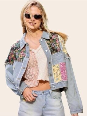 POL Patchwork Denim Jacket Small Boho Cropped Floral NWT